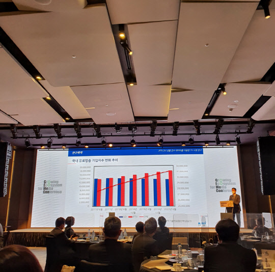 지난 17일 오후 박현수 단국대 커뮤니케이션학과 교수가 'IPTV 3사 셋톱 전수 데이터를 이용한 TV 시청 연구' 결과를 발표하고 있다. 유선희 기자